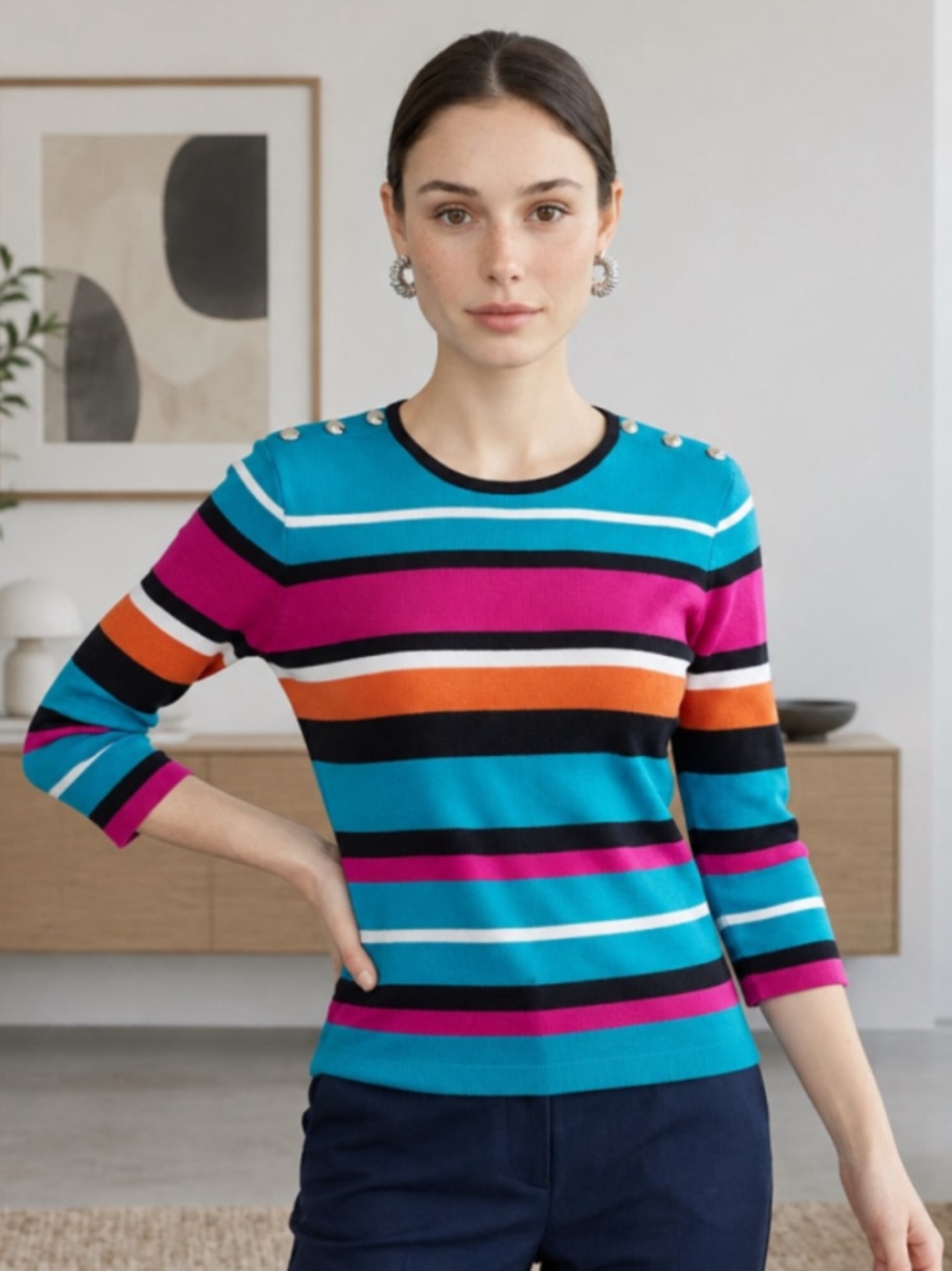 Lauren Ralph Lauren Striped Long Sleeve Tee, Size S, Blue/Pink